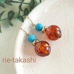 琥珀色ビーズとターコイズのエスニックピアス