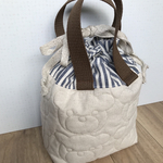 【訳あり品】保冷マグポーチ✳︎巾着型（くま♡キルティング×ストライプ）/保冷バッグ/保冷ケース/出産祝い/男の子/女の子
