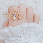 きらきら ピンク ハート ビジュー パール 天使 翼 エンジェル ゴールド リング 指輪