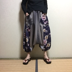 着物リメイク 一点物のサルエルパンツ 紫花柄