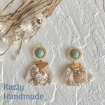 インド刺繍リボン　ピアス　マーブル　くすみカラー　韓国　リボン　刺繍　イヤリング　可愛い　OL ママ　アレルギー対応　樹脂ピアス　ノンホールピアス　女子会　ママ会　フリンジ　大人可愛い　ガーリー　