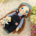 ラブリーナチュラル夢猫ちゃんテディと一緒　青い目の女の子　ドールチャーム　布人形　人形　ドール　マスコット　アンティーク　サロペットコーデ114