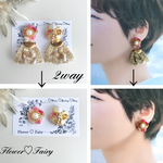 （sale）2way🌸お花 レジン ＆ ボタン の インド刺繍 リボン ピアスorイヤリング         /ピンク/ドライフラワー /レジン/刺繍リボン /2way /大ぶり/送料無料