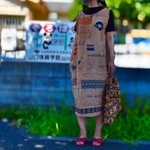 柿渋染め手ぬぐいのパッチワークワンピース　