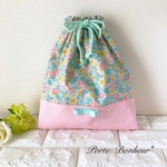 【35×30】女の子のゆめかわ♡花柄とリボンの巾着袋　［ミント＆ピンク］体操服袋　お着替え袋　（マチ無し　持ち手無し　ループエンド無し　タブ無し）