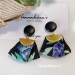 再販☆レザー風カボションとインド刺繍タッセルピアス/イヤリング(ブラックブルー)