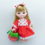 ワンピース&ヘアリボン　苺巾着バッグ付き　苺柄　赤水玉　ソランちゃん　レミンちゃん　コルネちゃん　メルちゃんサイズ　服