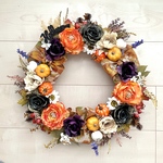 No.wreath-15371★ハロウィンリース21-(7)　パンプキン&ラナンキュラス　45cm・アートフラワー/造花リース/大型リース