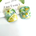 Jurtom172  ネイルチップ　秋　フットネイル　フルーツネイル　レモンいっぱいの　レモンぷっくりつぶつぶ　ジュシーフットネイル　花　足ネイル　グリーン　ブルー　手描きネイル
