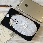 whiteworkフランスアンティーク*手刺繍レース*リネン*バラの花*スマホポーチ*ove&eco