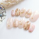 送料無料◆ウェディングに◆上品カラー◆ベージュのと金のマーブルとクリア感のあるヌーディーカラーのネイルチップ◆489