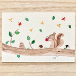🐿透明水彩画2枚セット「りんごが好きなリス」イラストポストカード　りす　リンゴ　紅葉　敬老の日　秋　イチョウ　栗🐿