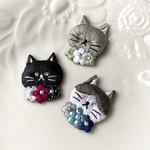 フラワーとネコちゃん刺繍のブローチ 3匹セット
