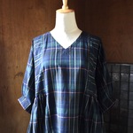 ふんわりボリュームワンピース チェック ネイビー×グリーン