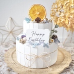 クレイケーキ　飾り付き　ウェルカムスペース　パープル×ブルー×ユーカリ　イミテーションケーキ　結婚式