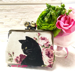 黒猫と薔薇　ミニ親子財布　ピンク