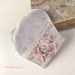 夏用💓LINEN   ナチュラル系ペールベージュリネンと接触冷感国産ダブルガーゼで作った立体マスク　YUWAローズ柄コットン&リネン波波ブレード　モーヴリボン　ポケットタイプ