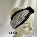 🌟capella🌟 刺繍がステキ•*¨*•.¸¸♪グレーの刺繍コットン生地×ブラウンのゴブラン柄　フリルが大人な淑女ターバン