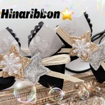 雪の結晶❄️プリンセスリボン💕親子♡姉妹でお揃いも♡黒オーガンジーレースラメお花リボン♡プチギフト♡キッズヘアゴム2点セット