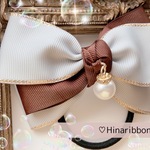 大きめリボン♡プチギフト⭐️上品♡バイカラー♡グレー×チョコレートブラウン♡パール♡ヘアゴム