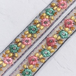 インド刺繍リボンᢂフラワー細リボン【ブルーベース】インド刺繍 刺繍リボン 刺繍 リボントリム ブレード レース チュール チュールレース