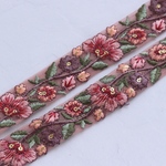 インド刺繍リボンᢂフラワー細リボン【スモークパープルベース】インド刺繍 刺繍リボン 刺繍 リボントリム ブレード レース チュール チュールレース