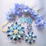 洋風のつまみ細工＊髪飾り・ヘッドドレス【青と水色と白】★絢爛セット★　結婚式・成人式・卒業式・発表会 等