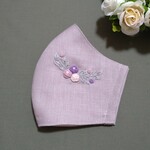 刺繍マスク　リネン立体マスク　紫　薔薇　花柄　ブルベ
