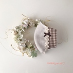 夏〜秋用💓 LINEN   ナチュラル系ペールベージュリネンと接触冷感国産ダブルガーゼで作った立体マスク　ベージュ×チョコギンガム　ビターチョコリボン　ポケットタイプ