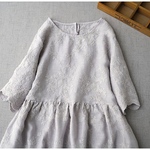 リネン100％贅沢総刺繍ポケット付きシンプルな大人可愛い五分袖ワンピース♪