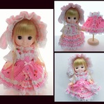 メルちゃんサイズ　ピンク苺柄　垂れ耳ボンネットコーデ5点セット　フリフリコーデ　編み上げブーツ　ソランちゃん　レミンちゃん　コルネちゃんサイズ　ゴスロリ　ロリータ 　服