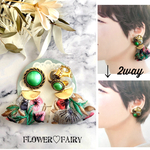【2way】ヴィンテージボタンとインド刺繍 リボンの グリーン ピアスorイヤリング       /アンティーク/犬ピアス/テリア/ダックス  /ベージュ/重ねボタン/アシンメトリー/パール/犬ボタン