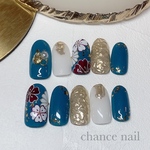   【再販】S13 成人式ネイルチップ フラワーネイル 和柄ネイル 振袖ネイル  ミラーネイル  ターコイズネイル 
