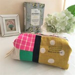 *北欧調カラーふっくらキューブポーチ*キャラメルポーチ*からし色polkadot*check*帆布*化粧ポーチ*ペン入れ*ステーショナリー