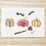 🎃透明水彩画　ちぎり絵「北欧ハロウィン」イラストポストカード2枚セット 秋　かぼちゃ　ハロウィン　ハロウィンカード🎃