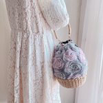 〜ローズ刺繍・ファー巾着かごバッグ〜【グレー×ピンク】2way・3wayにもなるショルダーバッグ・ポシェット