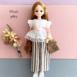 【送料無料】リカちゃんサイズ服　フリルトップス＆ストライプパンツ＆バック3点セット