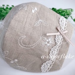 *夏マスク*  ナチュラル可愛い　リネン　ohana刺繍　スカラップレース（片耳）&リボン（グレイッシュピンク）