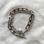 ハンドメイド　シルバーチェーンダブルチェーンブレスレット　クール系淡水パール　マンテルブレスレット