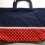 3shimaimama 様専用出品 レッスンバッグ【紺デニム×赤白水玉】レースつき