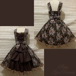 1点物*クラシカル ローズ 3段フリル ワンピース ジャンパースカート★ゴブラン 織物調 薔薇 ショコラ ブラウン 茶 レース(即納品)