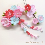 つまみ細工のお花いっぱい髪飾り(ピンク×水色)【つまみ細工  髪飾り  七五三  卒業式】