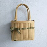【試作品】ダブルリボンのクラフトかごバッグ（Ｓ）クラフト＆ヴィンテージグリーン