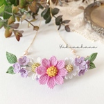 秋桜と花たちのネックレス(桃紫)