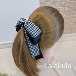 【sale】ふんわり千鳥柄とフリルリボンとパールのバナナクリップ