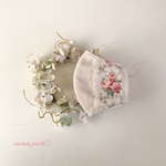 💓ワイド幅　ハーフリネン ベージュと国産ダブルガーゼで作った立体マスク　YUWAローズ&キナリお花チュールレース　ポケットタイプ