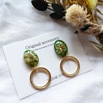 小花  ゴールドフープ イヤリング/ピアス (グリーン)
