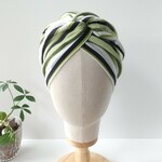 ◆幅広◆グリーン系ボーダー 薄手リブ×天竺 ヘアバンド／ ターバン