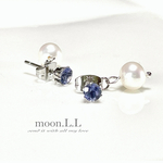 3月、9月誕生石 2way☆アイオライトのバッグパールピアス　サージカルステンレス316L