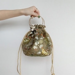 【9/7 22:00〜販売】グリーン　刺繍　インド刺繍　巾着バッグ　巾着バッグ　ハンドバッグ　ショルダーバッグ　丸底　振袖　着物　